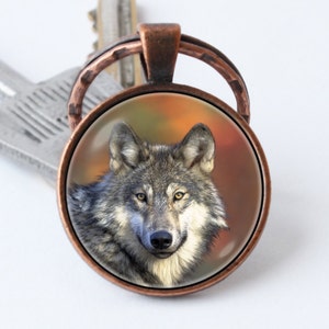 May include: A copper key chain with a round glass charm featuring a close-up image of a wolf's face. The wolf has gray fur and yellow eyes. The background of the charm is a blurred orange and brown color.