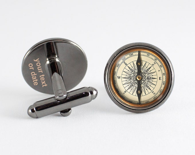 Engraved date Personalized cuff links Compass Anniversary gift Men cufflinks Engraved cufflinks Custom text Compass jewelry Name engraving