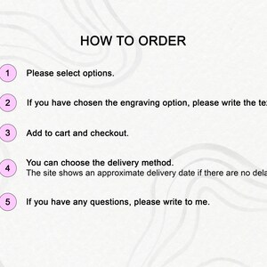 May include: A five-step guide on how to order from an online shop. The steps are numbered 1 through 5 and include selecting options, adding to cart, choosing delivery method, and contacting the seller with questions.