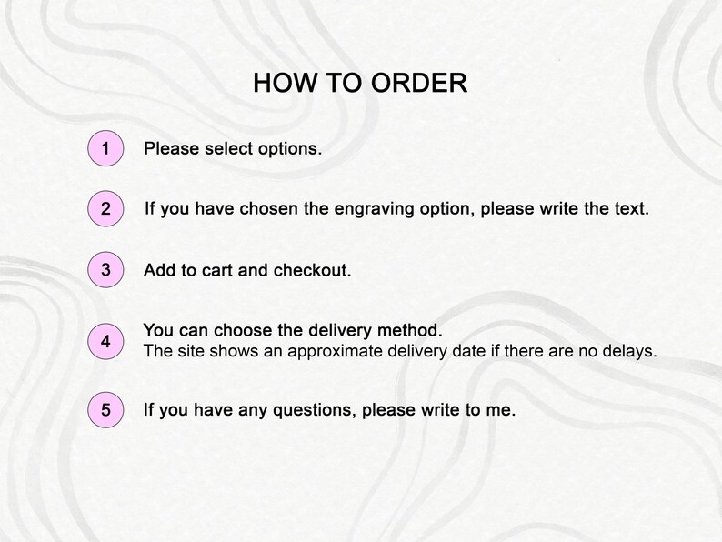 May include: A five-step guide on how to order from an online shop. The steps are numbered 1 through 5 and include selecting options, adding to cart, choosing delivery method, and contacting the seller with questions.