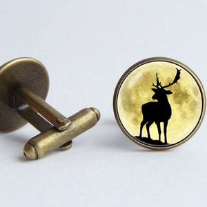 Elk cufflinks Moon cuff links Father&#39;s gift Moon jewelry Elk and moon Men accessories Cufflinks moon Cuff links moose Animal jewelry Nature