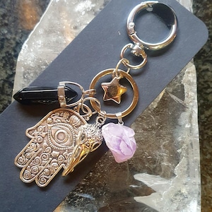 Crystal Bag Charms, Protection Crystal Bag Charms, Wisdom and Spiritual Growth, Black Obsidian, Hamsa Bag Charm, Amethyst, Good Luck Amulet