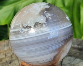 Striped Black Flower Agate Sphere, Dark Cherry Agate sphere from Madagascar, Cherry Blossom Agate sphere