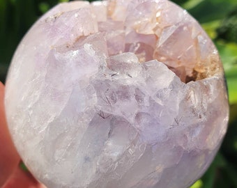 Jelly Agate with Amethyst Geode Sphere from Brazil, Agate Amethyst geode sphere with Rainbows and Black Tourmaline inclusions