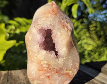 Amethyst Druzy Flower Agate Flame, Cherry Blossom Agate Tower, Sakura Agate Freeform with Amethyst Druzy