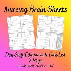 May include: Two white nursing brain sheets with a Day Shift Edition task list, on a gradient pink and yellow background. The text "Nursing Brain Sheets" is at the top, with "2 Page" and "Instant Digital Download - PDF" at the bottom.
