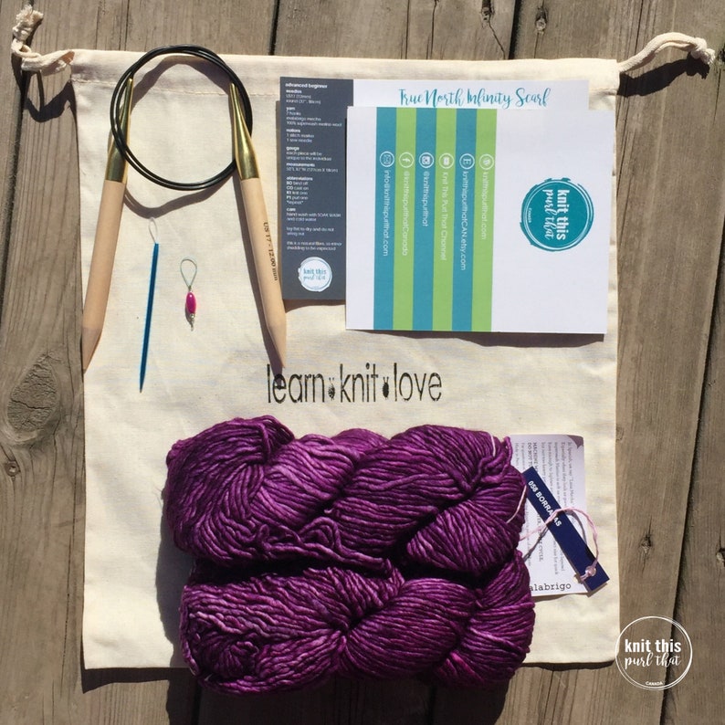 DIY knitting kit, beginner knitting kit, infinity scarf, Malabrigo, merino wool, wool cowl image 2