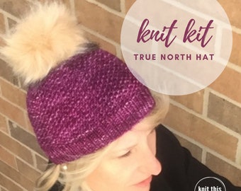 Knitting kit, beginner, hat knitting kit, DIY knitting kit, hat with pom pom, faux fur pom pom, Merino wool, Malabrigo, women's knitted hat