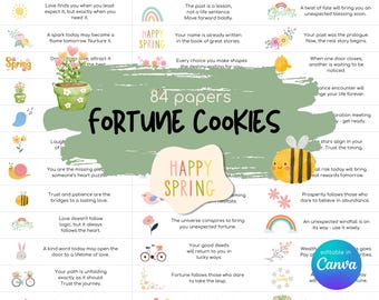 Op de afbeelding: 84 gelukkoekjespapiertjes met lentethema's. De papiertjes bevatten kleurrijke illustraties van bloemen, bijen, regenbogen, fietsen en slakken. De tekst op de papiertjes bevat inspirerende citaten en spreuken over liefde, geluk en geluk.