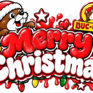 Op de afbeelding: Een grafische illustratie met een bruine bever die een rood-witte kerstmuts draagt, boven de rood-witte tekst Merry Christmas. Het ontwerp bevat een Buc-ee's logo, rode hart- en stervormen en kleurrijke kerstverlichting.