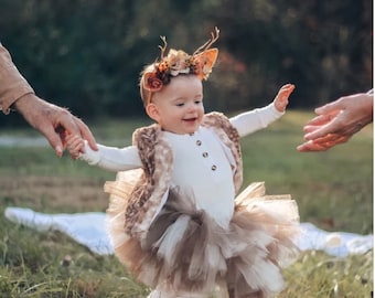 Kids Deer Costume – Toddler Reindeer Outfit With Antler Headband & Booties – Soft Velour Jumpsuit For Halloween & Christmas - View #5