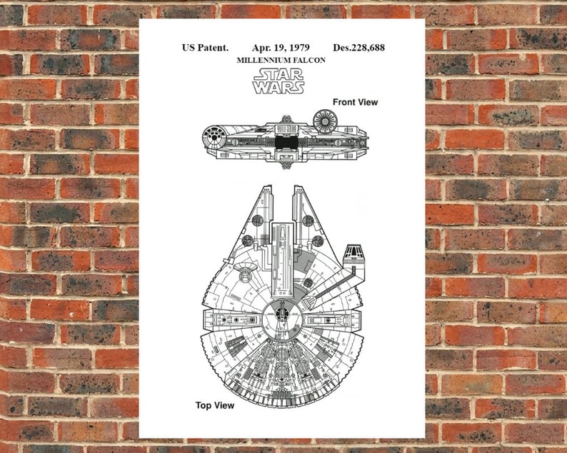 May include: A black and white line drawing of the Millennium Falcon spaceship from Star Wars. The drawing shows the top and front views of the spaceship. The text "US Patent. Apr. 19, 1979 Des.228,688" is at the top of the drawing. The text "MILLENNIUM FALCON" is below the patent information. The text "STAR WARS" is below the spaceship name. The text "Top View" is below the top view of the spaceship. The text "Front View" is below the front view of the spaceship.