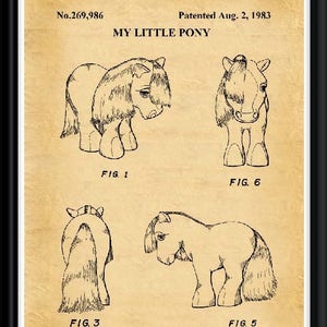 May include: A black and white line drawing of a My Little Pony toy, showing four different views of the toy. The drawing is on a vintage-looking paper background with the text "No. 269,986" and "Patented Aug. 2, 1983" at the top.