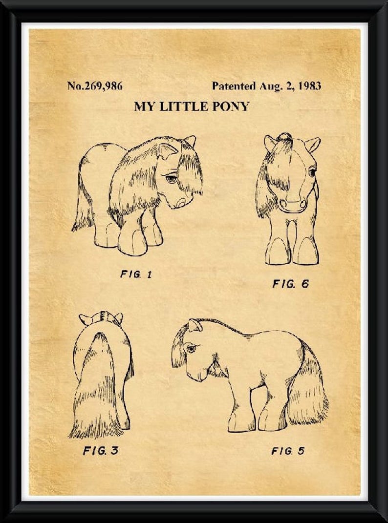 May include: A black and white line drawing of a My Little Pony toy, showing four different views of the toy. The drawing is on a vintage-looking paper background with the text "No. 269,986" and "Patented Aug. 2, 1983" at the top.