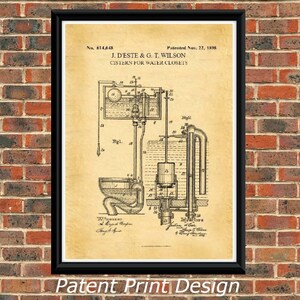 1898 Cisterne patentkunstprint, vintage badkamerdecor (A4)