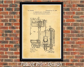 1898 Cistern Patent Art Print, Vintage Bathroom Decor (A4)