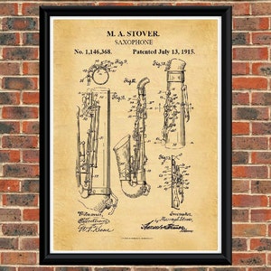 SAXOPHONE 1915 Patent Drawing. A4 Poster Art Print / Vintage / or Black & White.