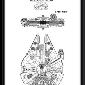 May include: A black and white line drawing of the Millennium Falcon spaceship from Star Wars. The drawing shows the front and top views of the ship. The text "US Patent. Apr. 19, 1979 Des.228,688" and "STAR WARS" are included in the image.