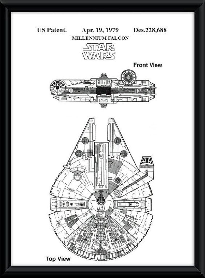May include: A black and white line drawing of the Millennium Falcon spaceship from Star Wars. The drawing shows the front and top views of the ship. The text "US Patent. Apr. 19, 1979 Des.228,688" and "STAR WARS" are included in the image.