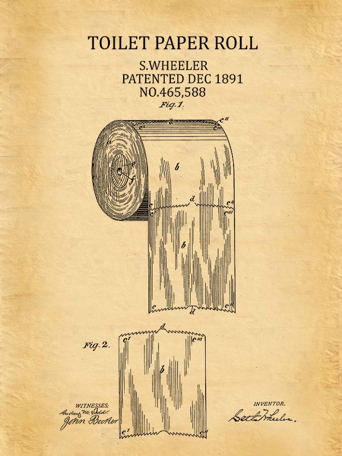 TOILET PAPER Roll 1891 Patent Drawing. A4 Poster Art Print. /black
