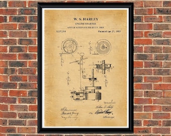 Démarreur de moteur Harley 1915 Dessin breveté. Impression d'art affiche A4. vintage / Noir et blanc