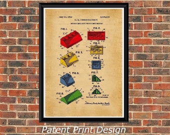 LEGO BUILDING BLOCKS 1962 Patent Drawing.A4 Poster Art Print. Nursery / Bedroom / Playroom.  / Vintage / or Colour/ Wall decor. Gift