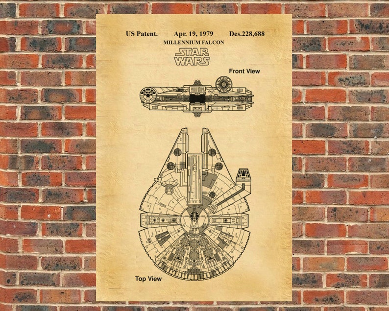 May include: A vintage-style blueprint of the Millennium Falcon spaceship from Star Wars. The blueprint shows the top and front views of the ship, with detailed drawings of its design and features. The text "US Patent. Apr. 19, 1979 Des.228,688 STAR WARS MILLENNIUM FALCON" is printed at the top of the blueprint.