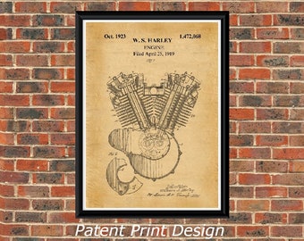 Dibujo de patente de motor Harley de 1923. Impresión artística en póster A4. Vintage / Blanco y negro.