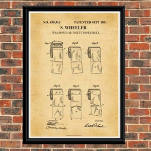 Op de afbeelding: Een vintage patenttekening voor een toiletrol, patentnummer 459.516, gepatenteerd in september 1891, door S. Wheeler. De tekening toont verschillende aanzichten van de toiletrol.