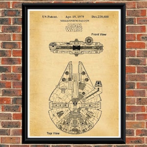 May include: A vintage-style illustration of the Millennium Falcon spaceship from Star Wars. The image shows a top and front view of the ship, with the text "US Patent. Apr. 19, 1979 Des. 228,688 MILLENNIUM FALCON STAR WARS Front View Top View" printed on the page.