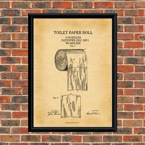 Op de afbeelding: Een vintage patenttekening voor een toiletpapierrol, met een zijaanzicht van de rol en een close-up van het papier. Het patent is getiteld "Toilet Paper Roll" en werd in december 1891 gepatenteerd door S. Wheeler. Het patentnummer is 465,588.