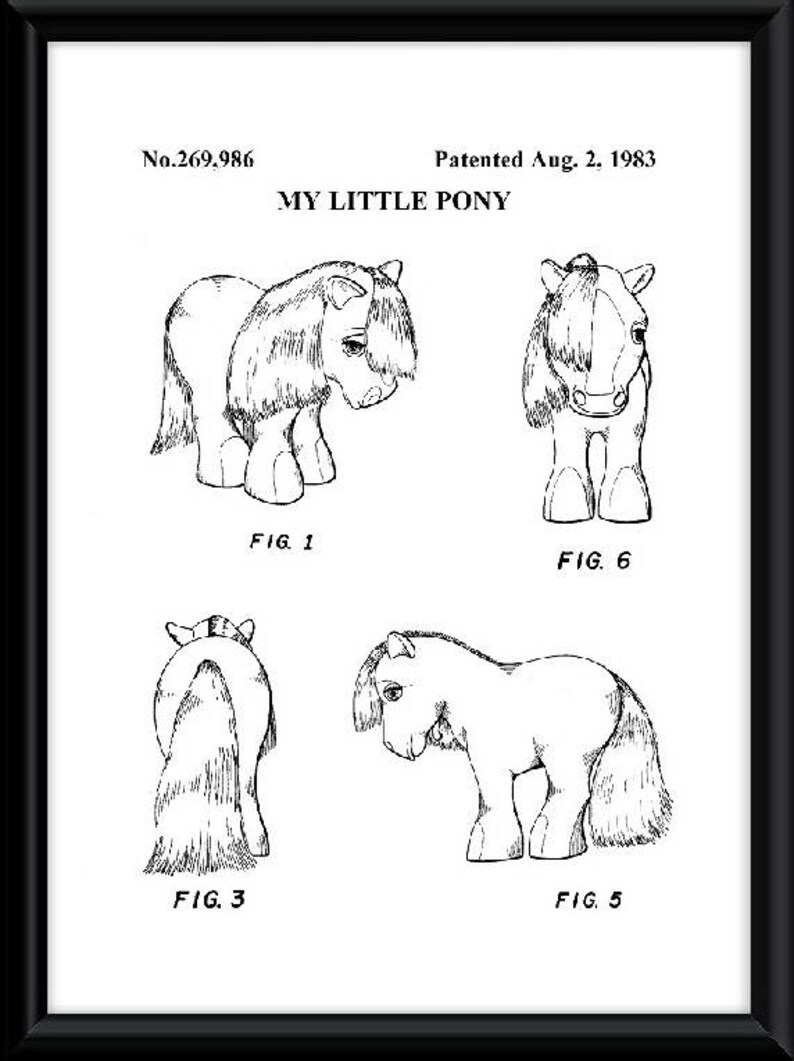 May include: Black and white line art patent drawing of a My Little Pony toy. The drawing shows the toy from different angles, including the front, side, and back. The patent number is 269,986 and the patent date is August 2, 1983.