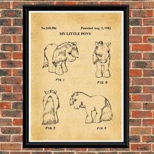 May include: A black and white patent drawing of a My Little Pony toy. The drawing shows the toy from different angles, including the front, side, and back. The patent number is 269,986 and the patent date is August 2, 1983.