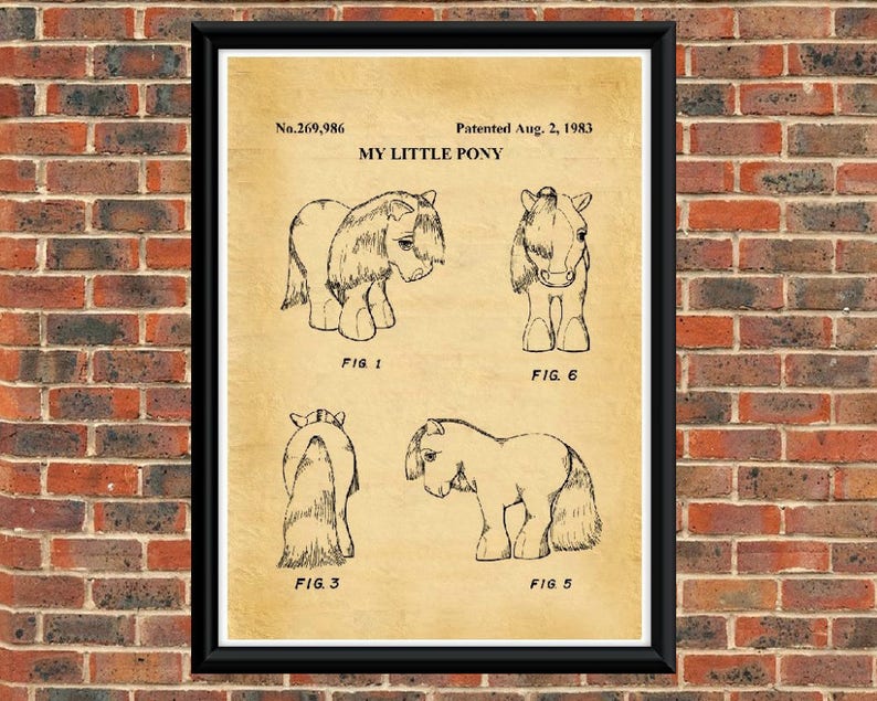 May include: A black and white patent drawing of a My Little Pony toy. The drawing shows the toy from different angles, including the front, side, and back. The patent number is 269,986 and the patent date is August 2, 1983.