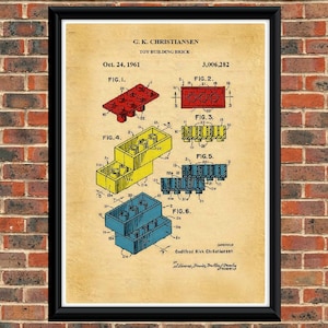 Dibujo de patente de LEGO 1961. Impresión artística en póster tamaño A4. / Vintage / Color / o blanco y negro