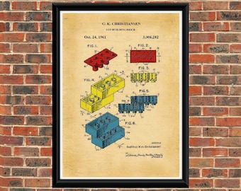 LEGO 1961 Patent Drawing. A4 Poster Art Print. /  Vintage / Colour / or Black & White