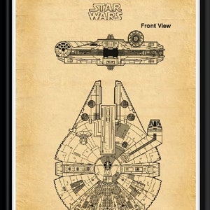 May include: A vintage-style illustration of the Millennium Falcon spaceship from Star Wars. The image shows both a top and front view of the ship, with detailed drawings of its design. The text "US Patent. Apr. 19, 1979 Des.228,688" and "MILLENNIUM FALCON" are included in the image.