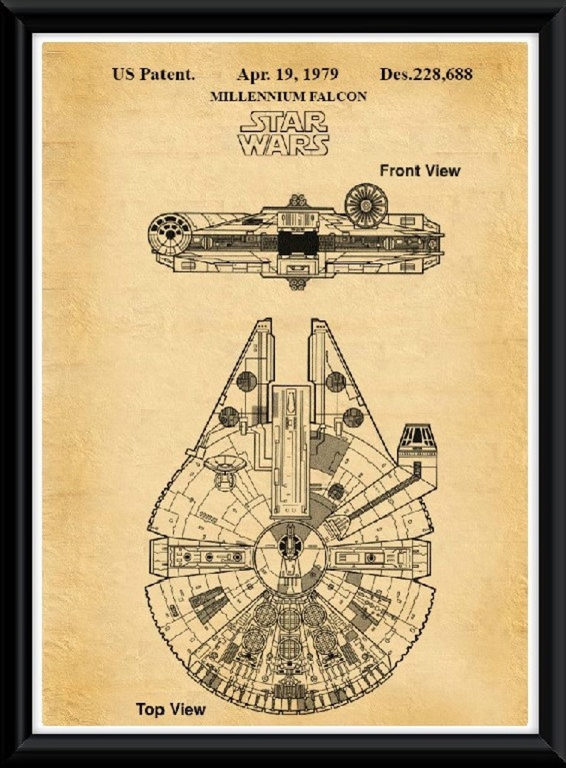 May include: A vintage-style illustration of the Millennium Falcon spaceship from Star Wars. The image shows both a top and front view of the ship, with detailed drawings of its design. The text "US Patent. Apr. 19, 1979 Des.228,688" and "MILLENNIUM FALCON" are included in the image.