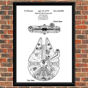 May include: A black and white line drawing of the Millennium Falcon spaceship from Star Wars. The drawing shows the top and front views of the spaceship. The text "US Patent. Apr. 19, 1979 Des.228,688 STAR WARS" is at the top of the drawing.