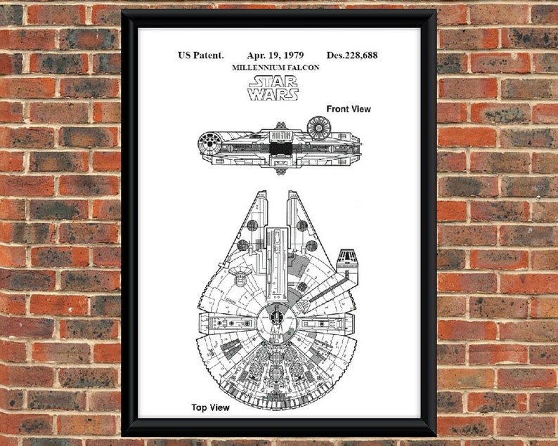 May include: A black and white line drawing of the Millennium Falcon spaceship from Star Wars. The drawing shows the top and front views of the spaceship. The text "US Patent. Apr. 19, 1979 Des.228,688 STAR WARS" is at the top of the drawing.