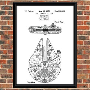 May include: A black and white line drawing of the Millennium Falcon spaceship from Star Wars. The drawing shows the top and front views of the spaceship. The text "US Patent. Apr. 19, 1979 Des.228,688 STAR WARS" is at the top of the drawing.