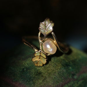 René Lalique Natural Pearl Acorn Ring C.1900 | Art Nouveau Lalique Natural Pearl Enamel Ring