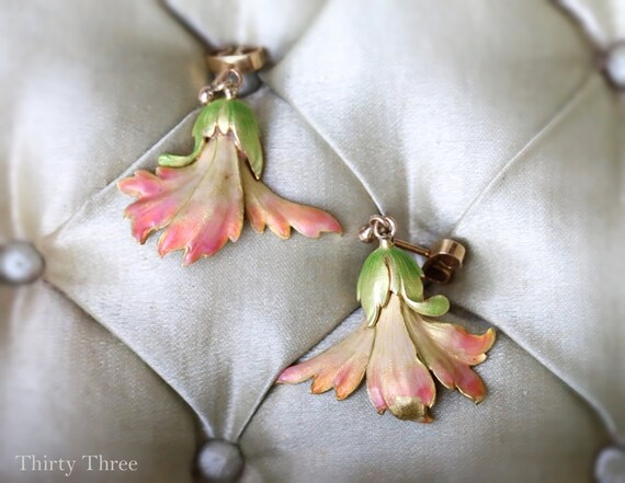 Art Nouveau Gold Enamel Flower Earrings