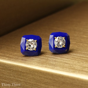 Allergy-Free Inlay Lapis Lazuli Diamond stud earrings “Sirius”