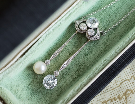 Edwardian Diamond Pearl Negligee Necklace