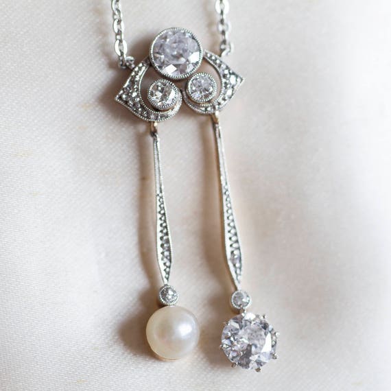 Edwardian Diamond Pearl Negligee Necklace - image 2