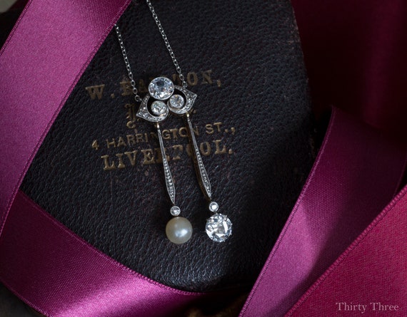 Edwardian Diamond Pearl Negligee Necklace - image 4