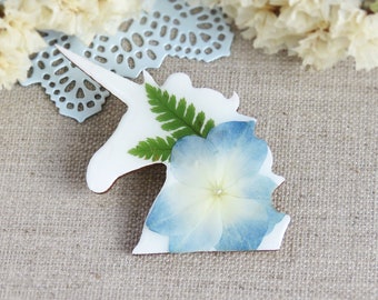 Cute Unicorn Blue Flower Wood Based Resin Animal Pin