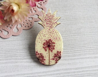 Pineapple Flowers Wood Based Pink Resin Pin