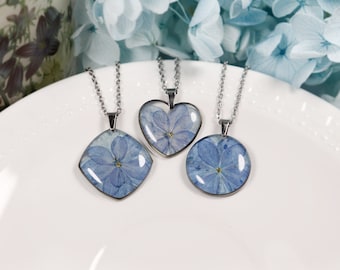 Blue Hydrangea Dainty Resin Necklace